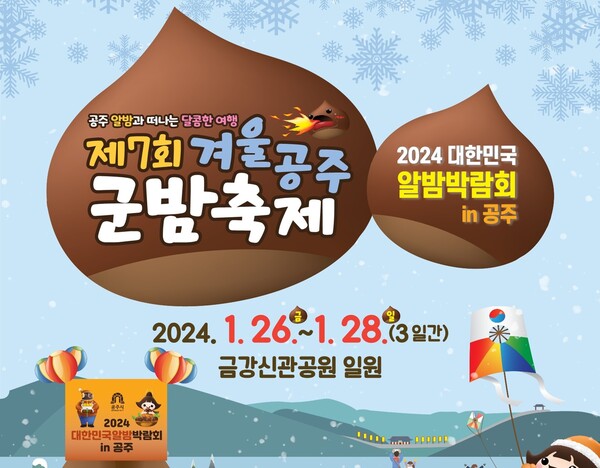중부권 대표 겨울축제인 ‘겨울공주 군밤축제’가 오는 26일 개막해 28일까지 3일간 공주시 금강신관공원 일원에서 개최된다.